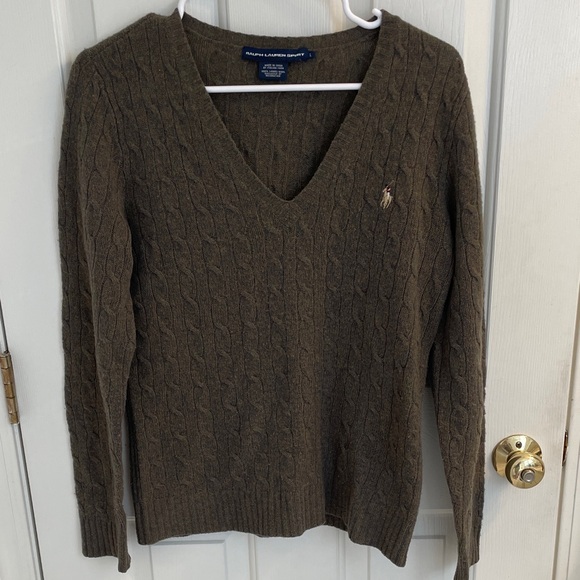 Ralph Lauren Olive V-Neck Cable Knit Wool Sweater - Picture 1 of 13